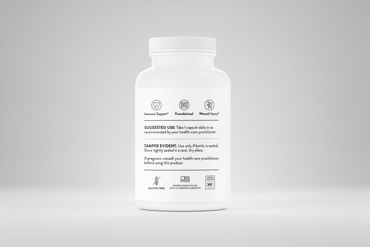 White supplement bottle with label on a white background