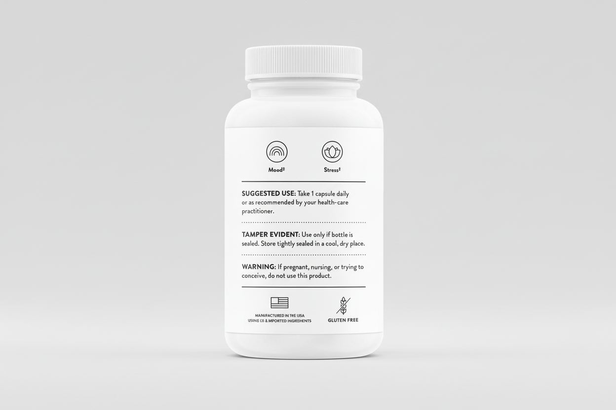 White supplement bottle with label on a black background