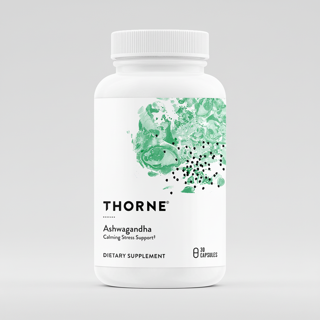 Thorne Ashwagandha dietary supplement bottle on a white background