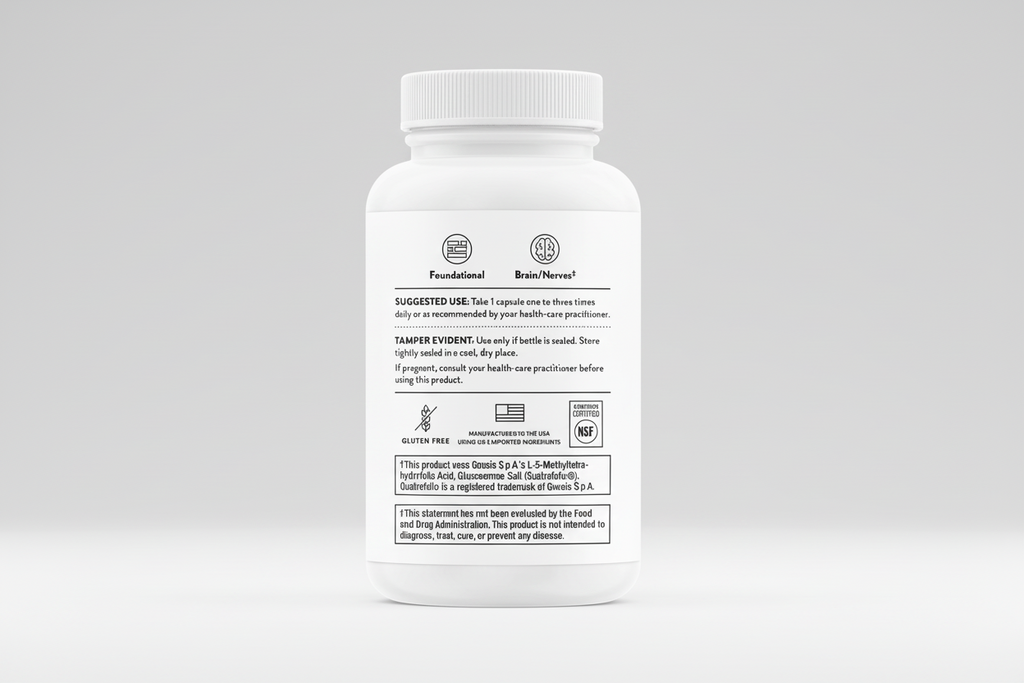 White supplement bottle with label on a black background