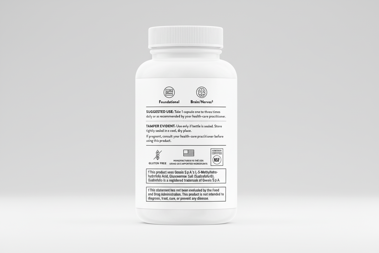 White supplement bottle with label on a black background