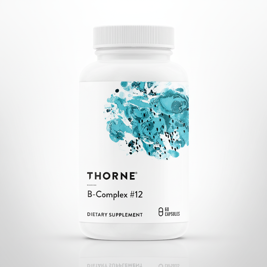 Thorne B-Complex #12 dietary supplement bottle on a white background