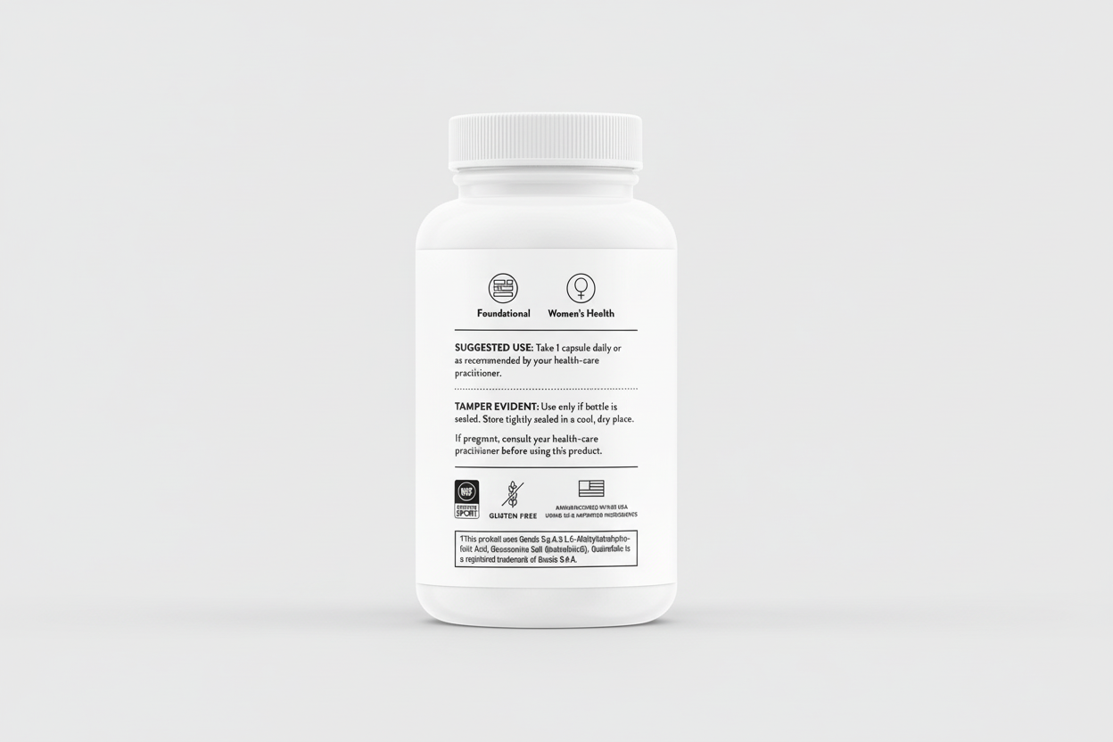 White supplement bottle with label on a black background