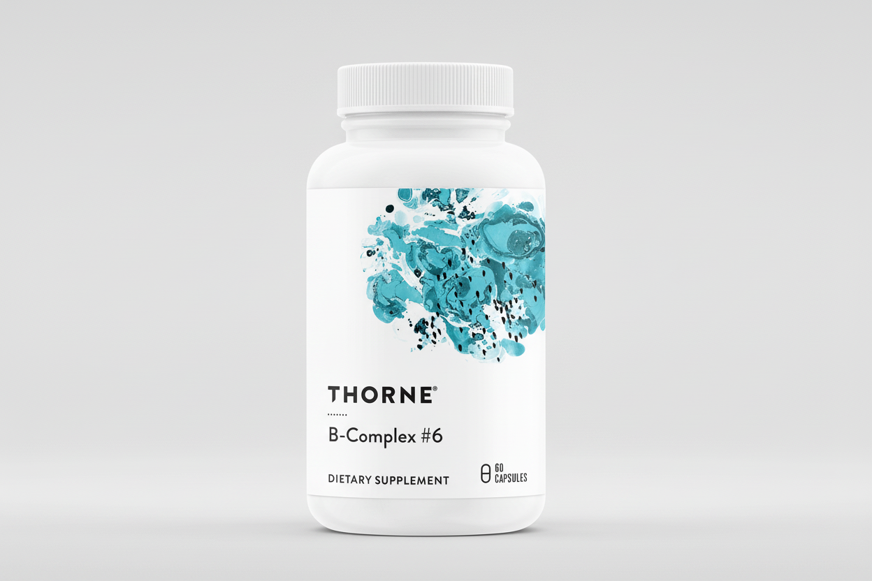 Thorne B-Complex #6 dietary supplement bottle on a white background