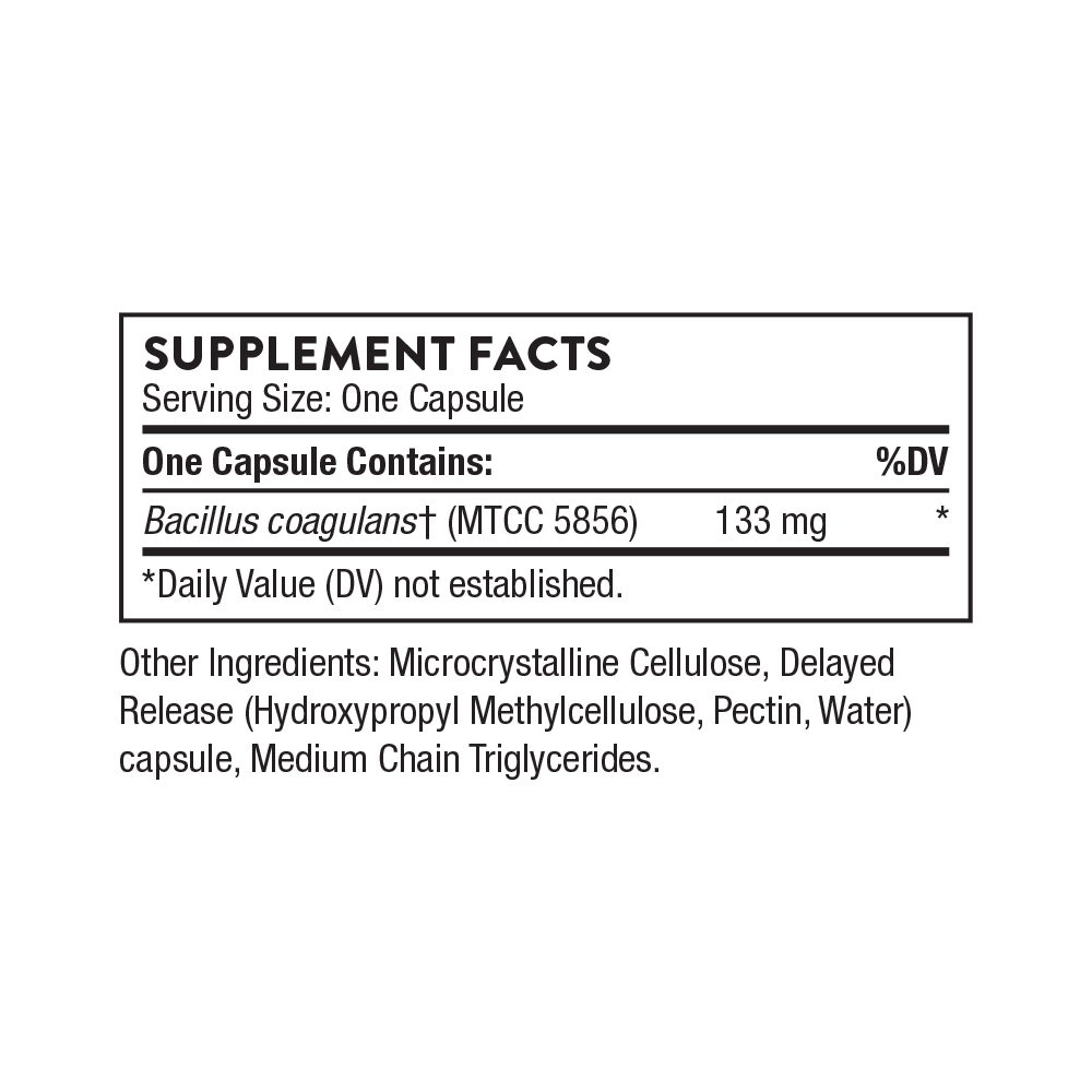 Supplement facts label for a capsule containing Bacillus coagulans on a white background.