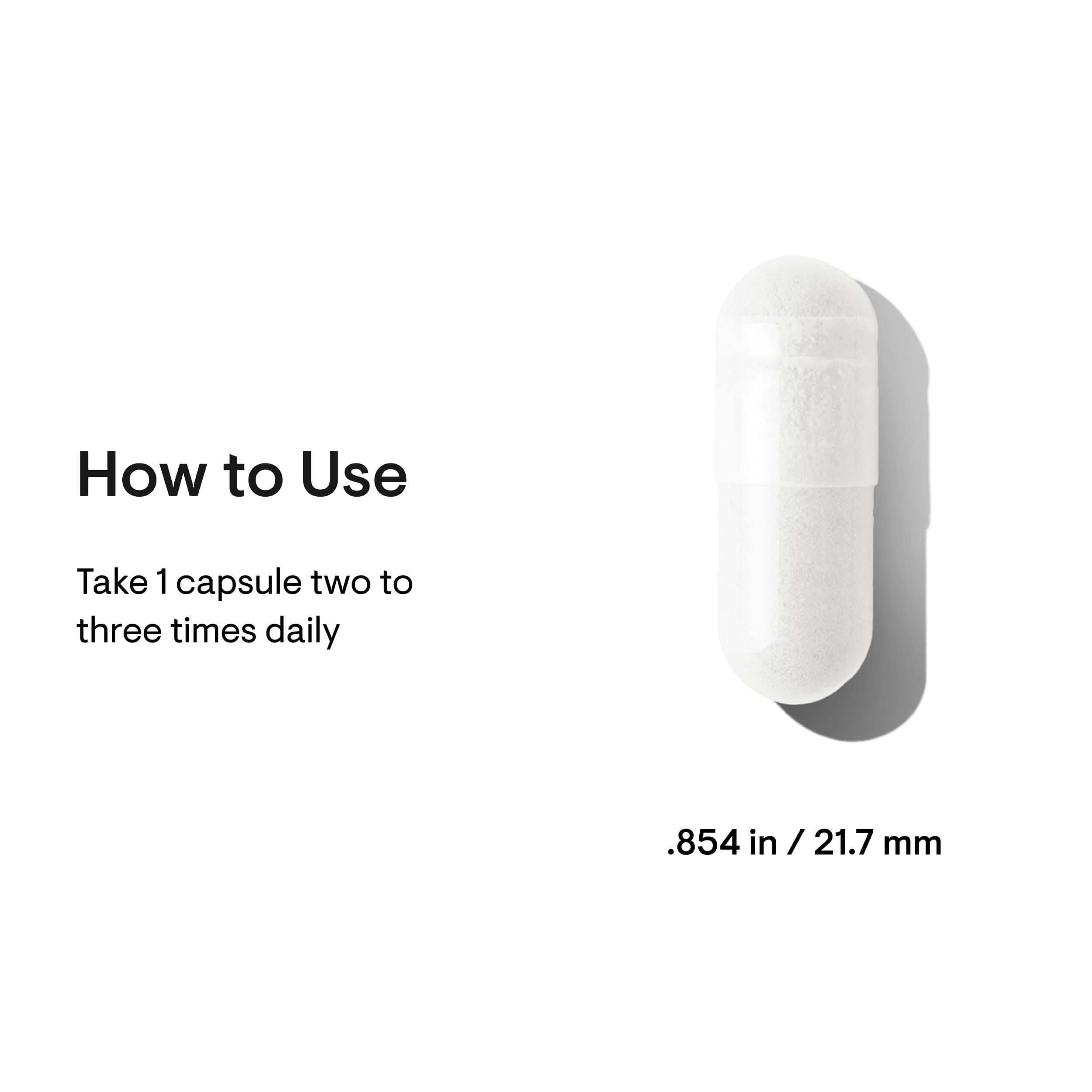 White capsule with 'How to Use' text and dimensions on a white background