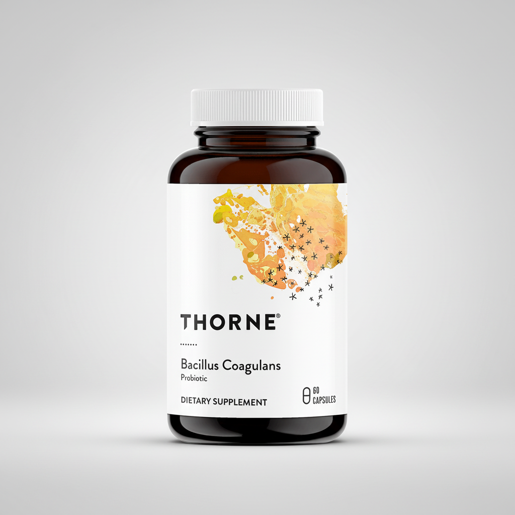 Thorne Bacillus Coagulans dietary supplement bottle on a white background