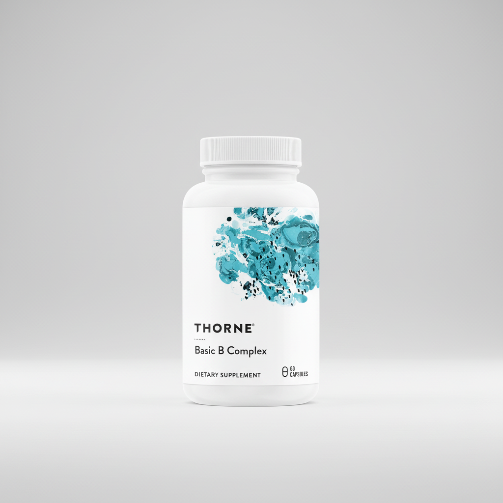 Thorne Basic B Complex dietary supplement bottle on a white background