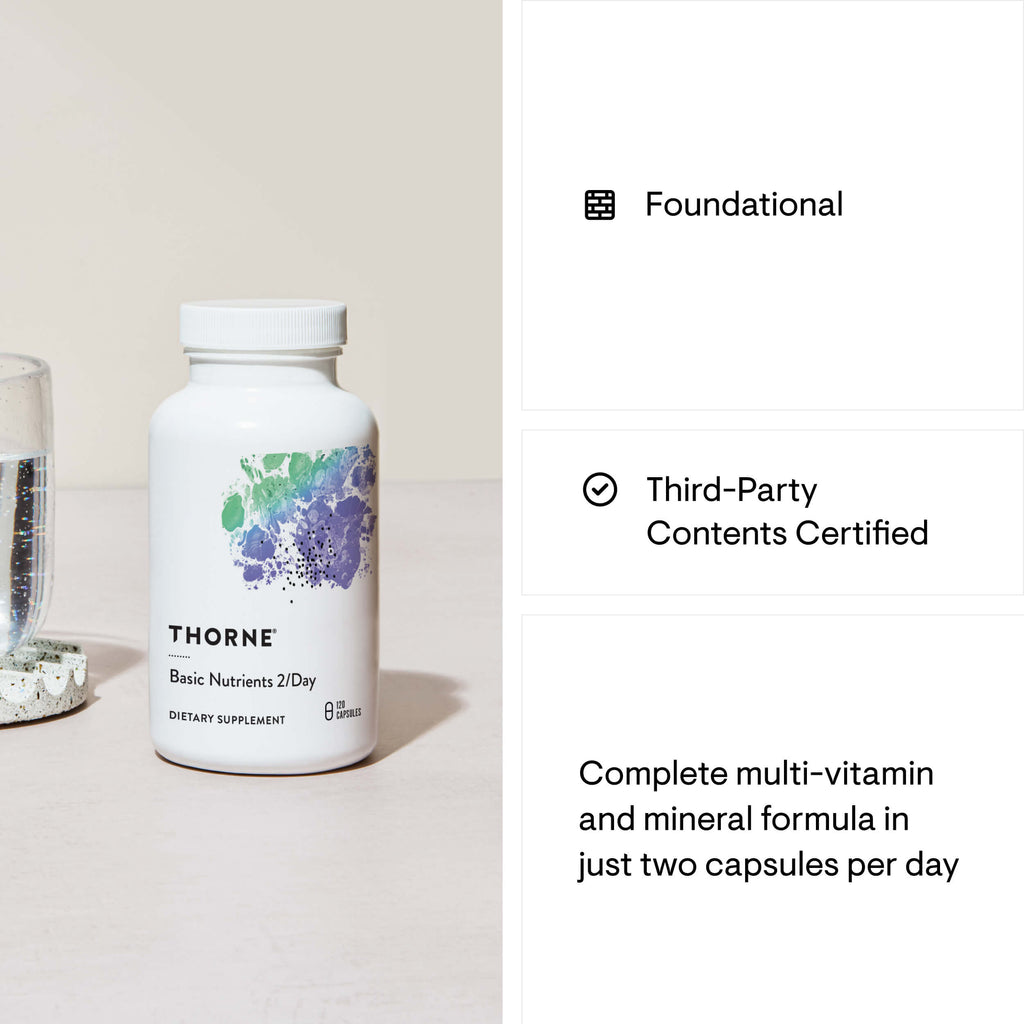 Thorne dietary supplement bottle with certification details on a light background