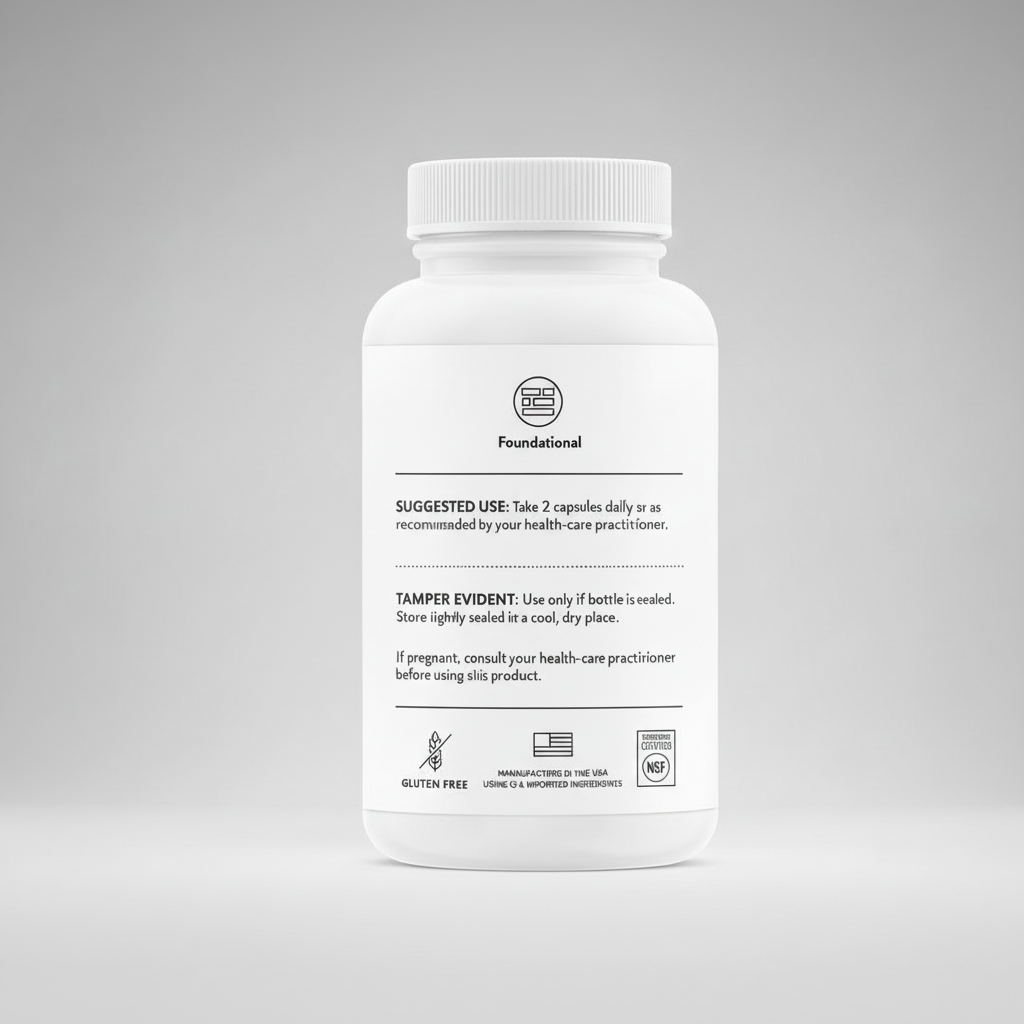White supplement bottle with label on a black background