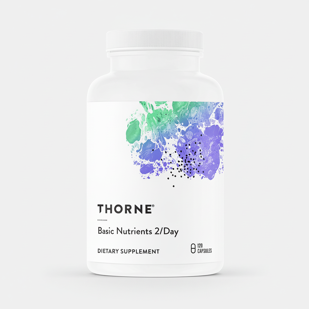 Thorne dietary supplement bottle with colorful label on a white background