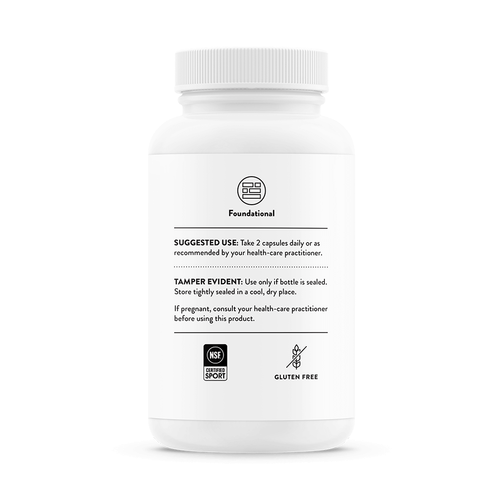 White supplement bottle with black text on a white background