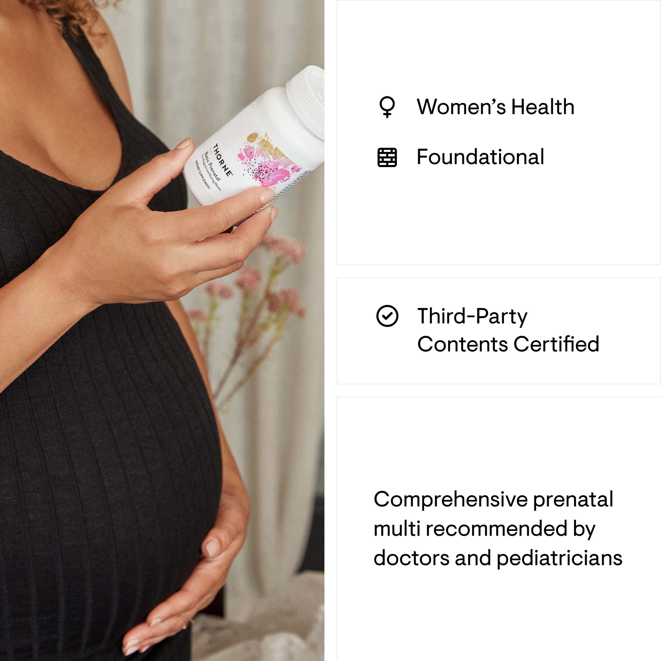 Pregnant woman holding a prenatal supplement bottle with text on women's health and certification details.
