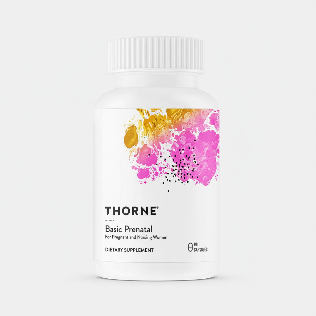 Thorne Basic Prenatal dietary supplement bottle on a white background