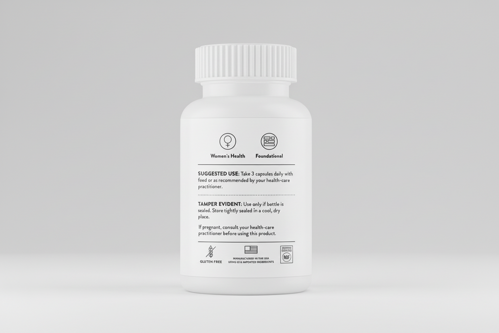 White supplement bottle with black text on a white background