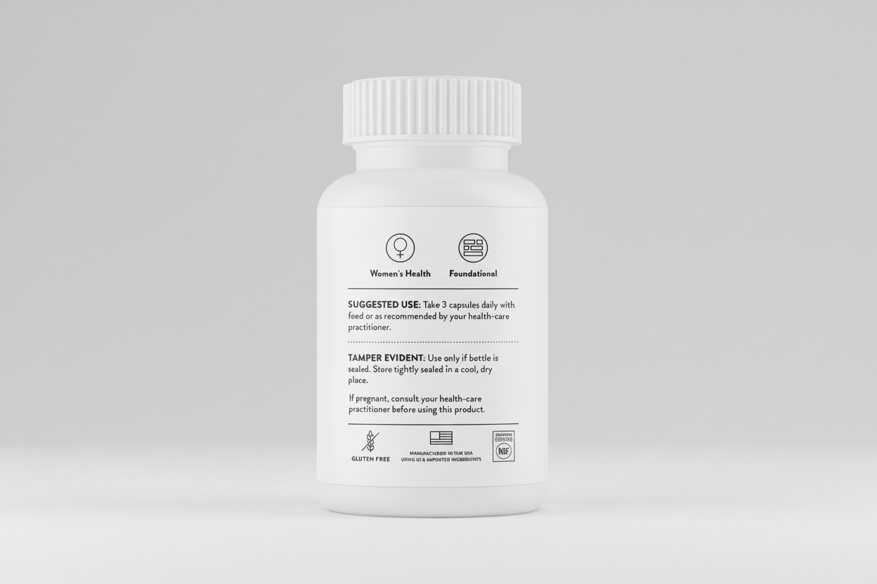 White supplement bottle with black text on a white background