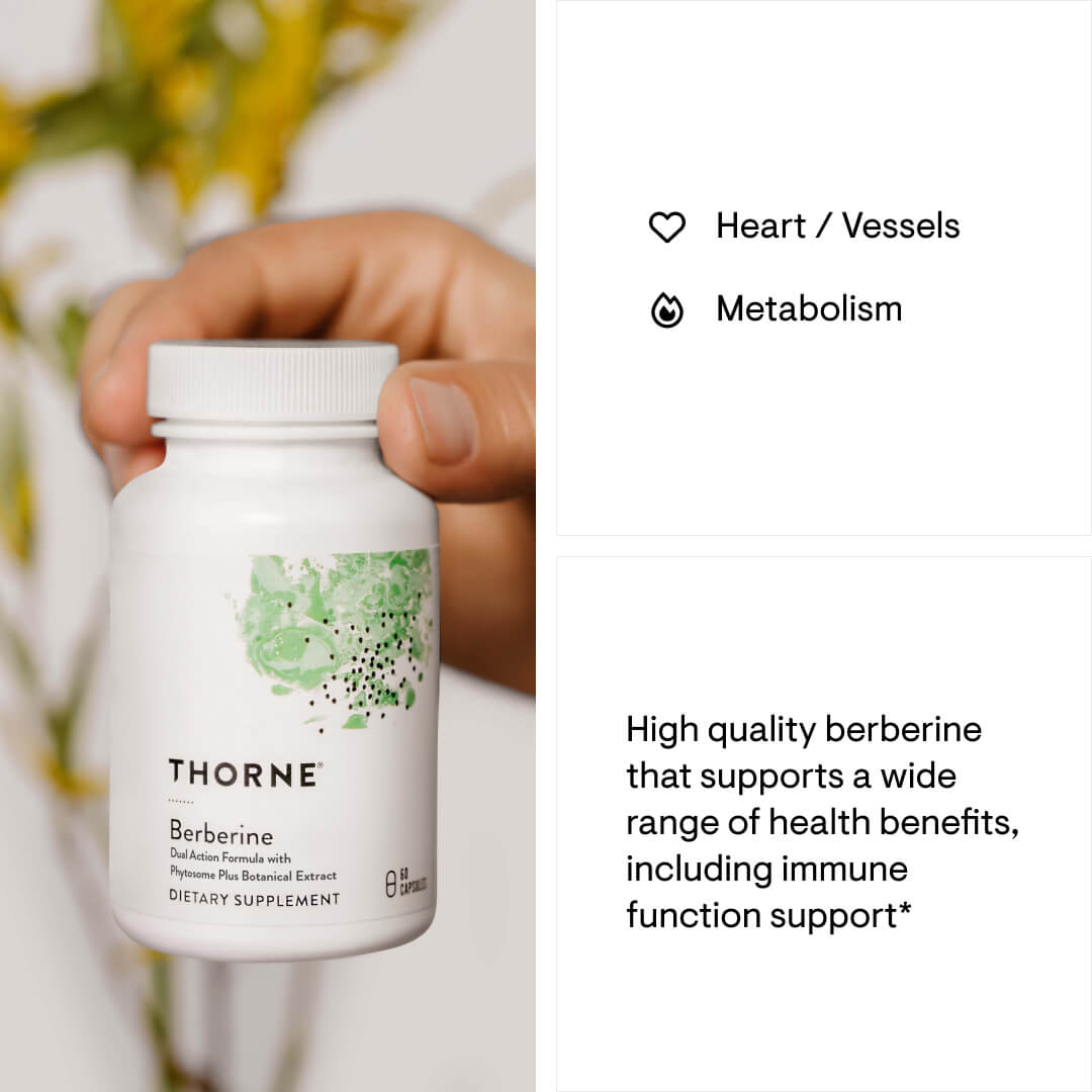 Hand holding a Thorne Research dietary supplement bottle with text about health benefits on a white background.