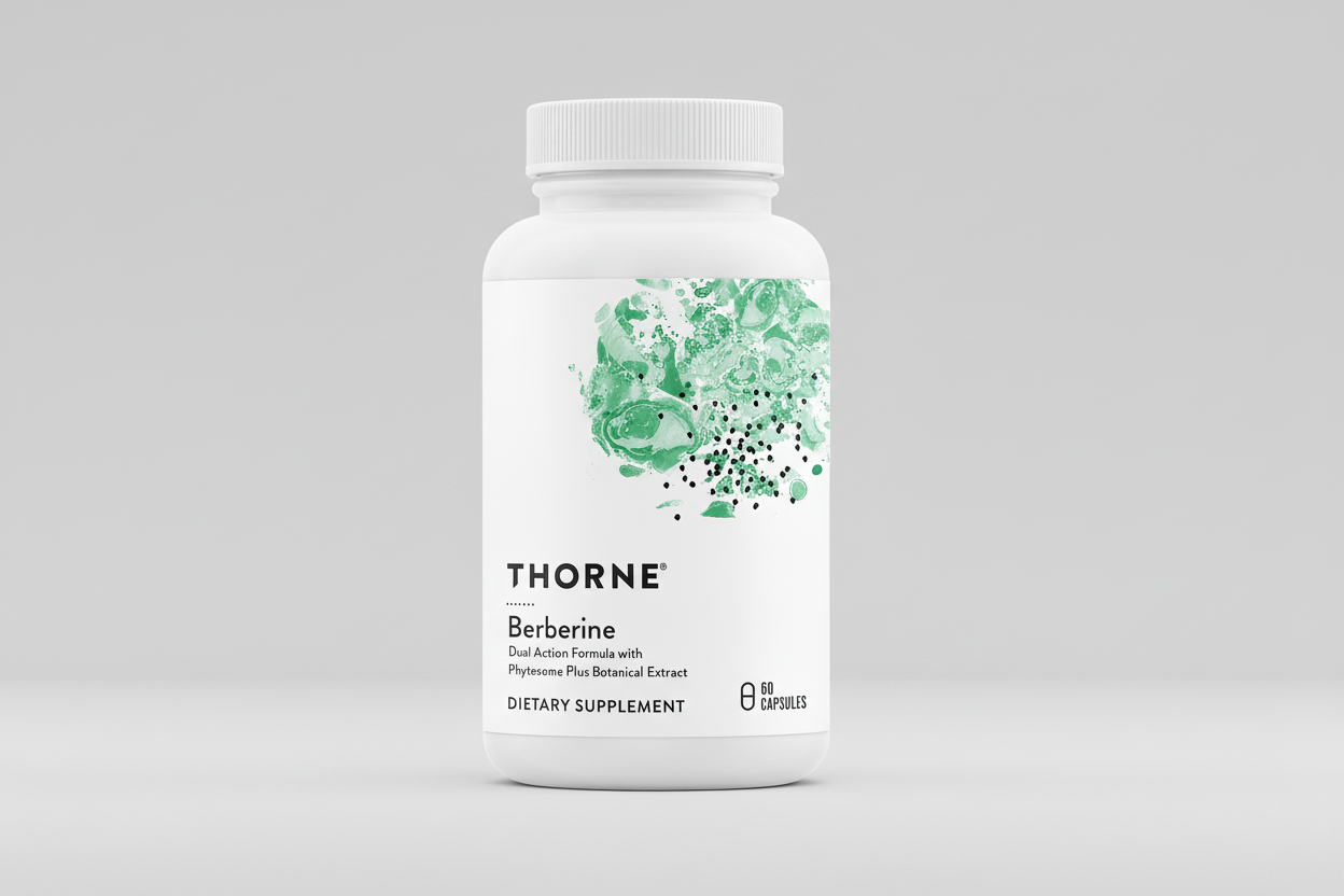 Thorne Berberine dietary supplement bottle on a white background