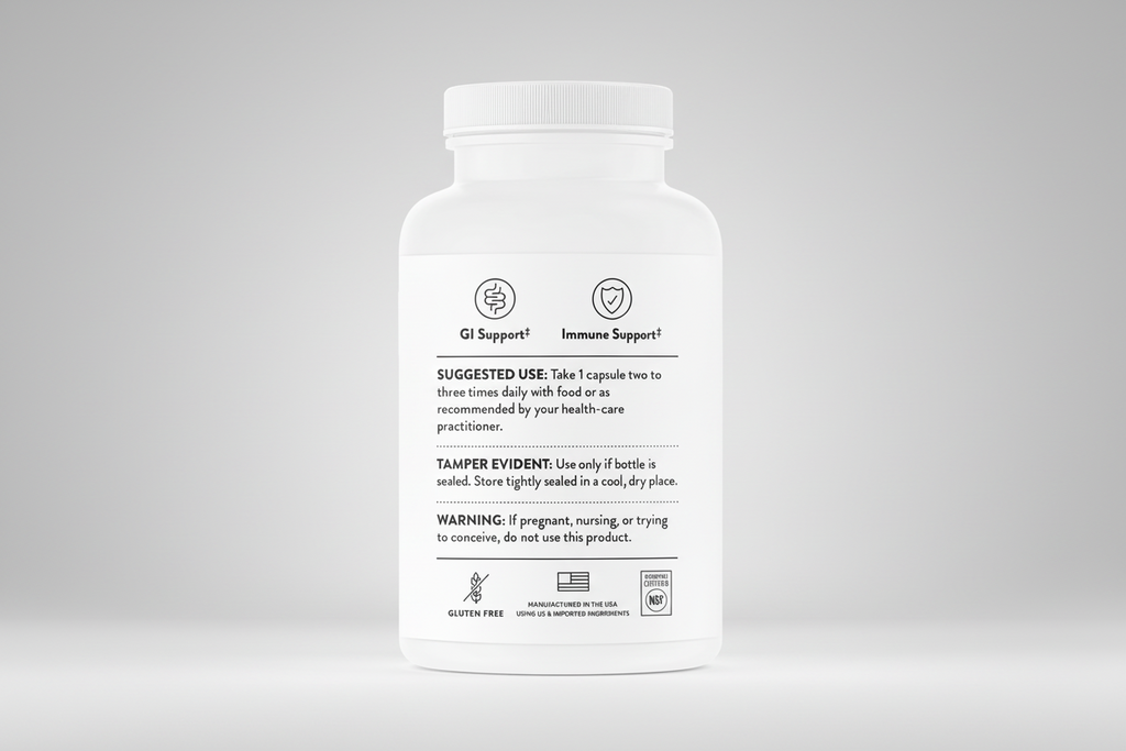 White supplement bottle with label on a black background
