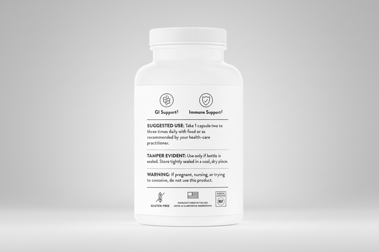White supplement bottle with label on a black background