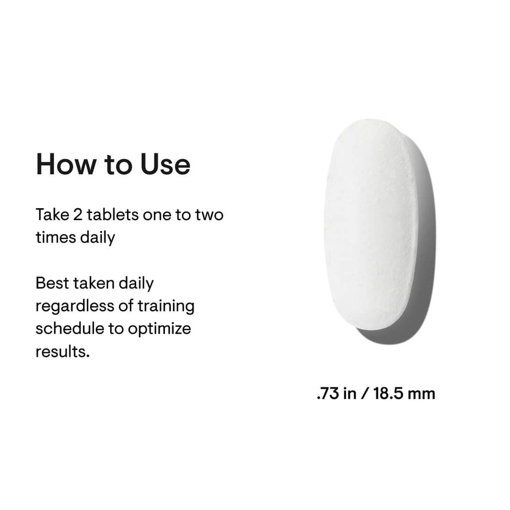 White pill with text on how to use it and its dimensions.