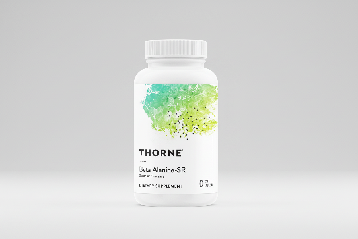 Thorne Beta Alanine-SR dietary supplement bottle on a black background