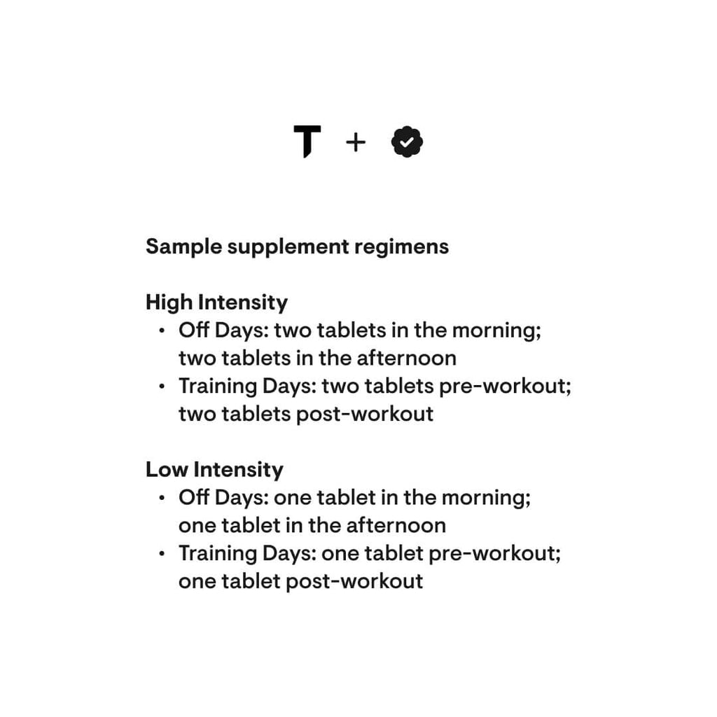 Text-based supplement regimen instructions with a logo on a white background