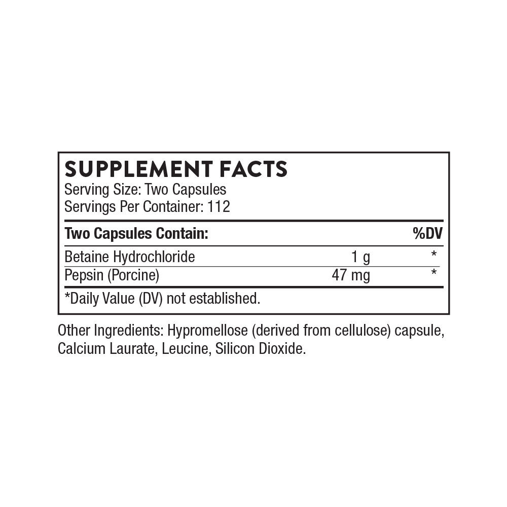 Supplement facts label for capsules with Betaine Hydrochloride and Pepsin.