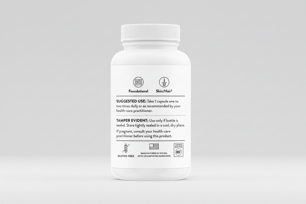 White supplement bottle with label on a black background