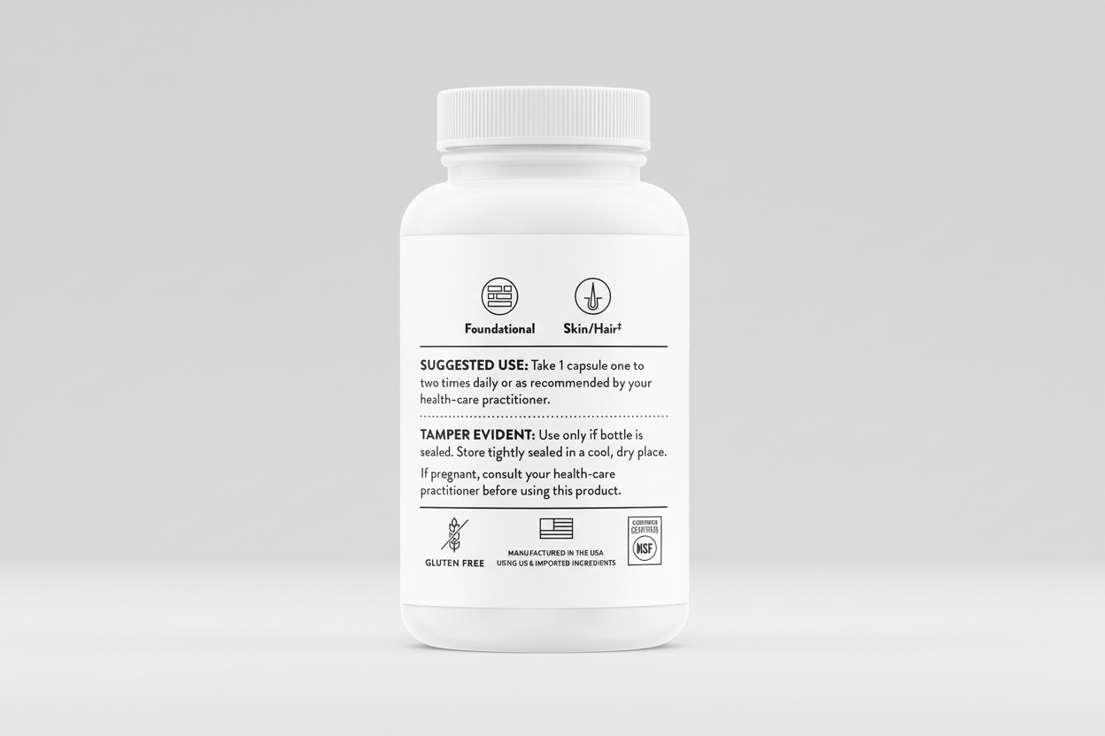 White supplement bottle with label on a black background