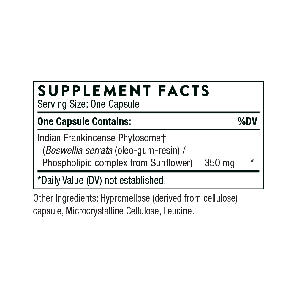 Supplement facts label for a capsule containing Boswellia serrata and sunflower phospholipid complex.