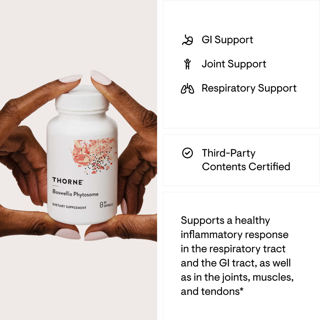 Thorne supplement bottle held by hands with product details on the right