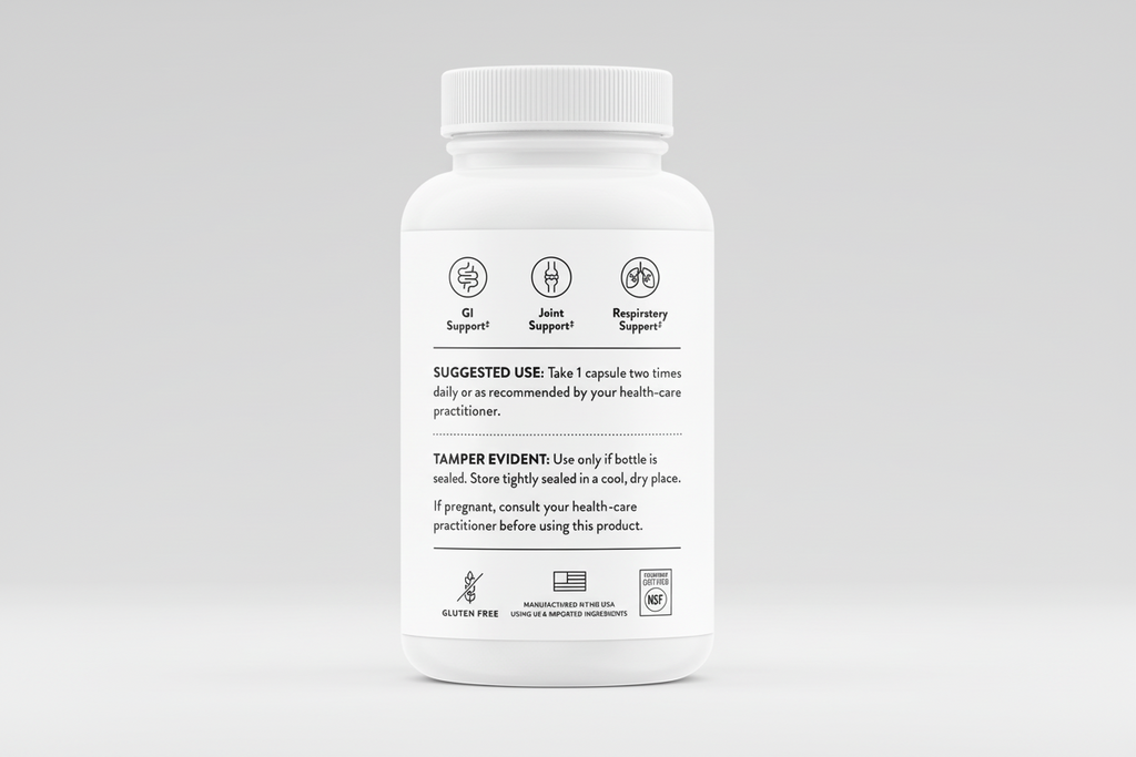 White supplement bottle with label on a black background