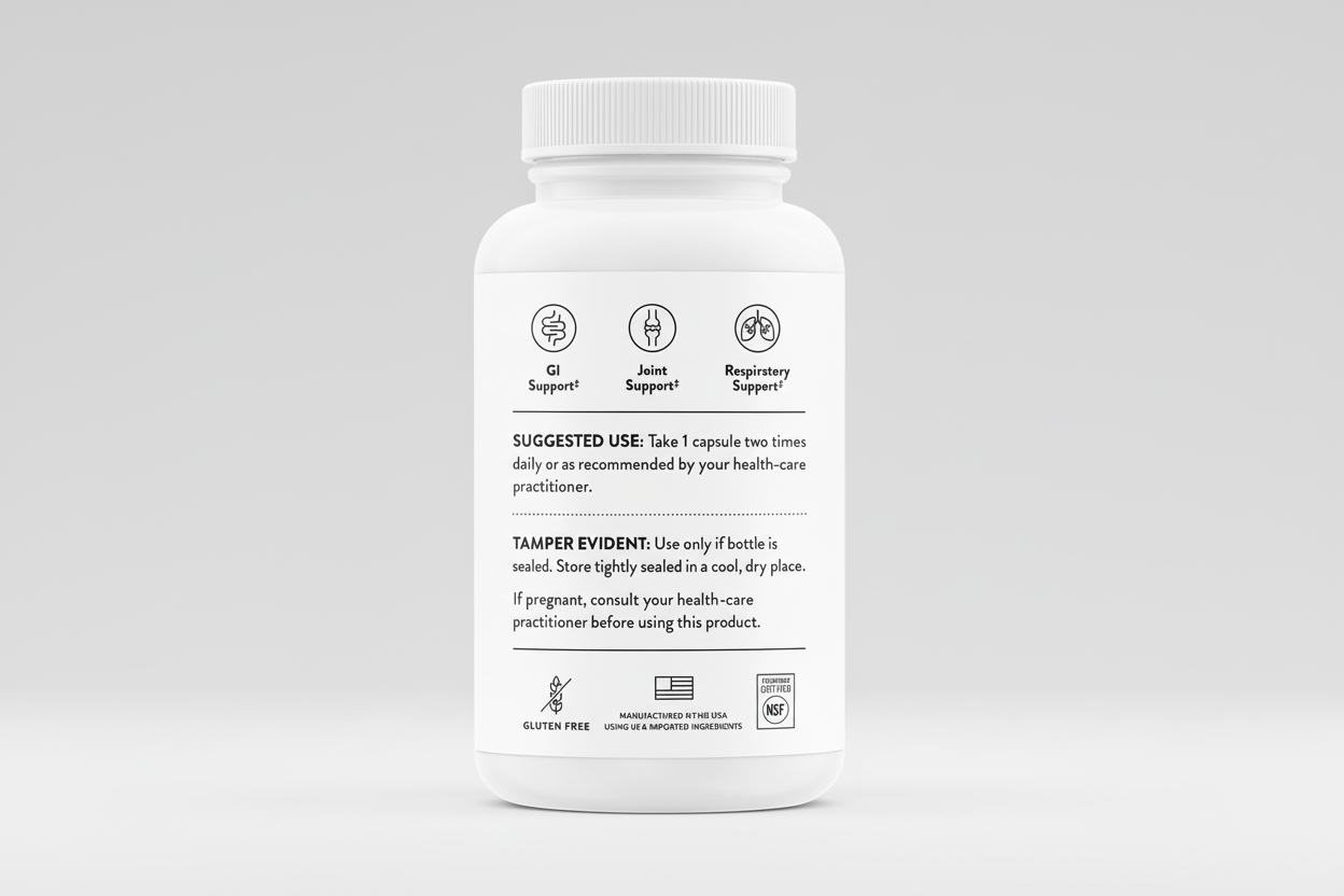 White supplement bottle with label on a black background