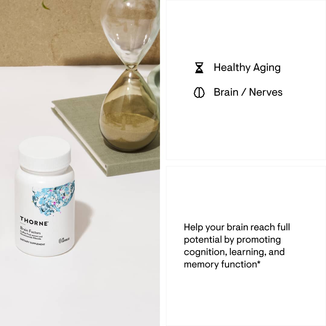 Thorne supplement bottle with an hourglass on a light surface, labeled for healthy aging and brain nerves.