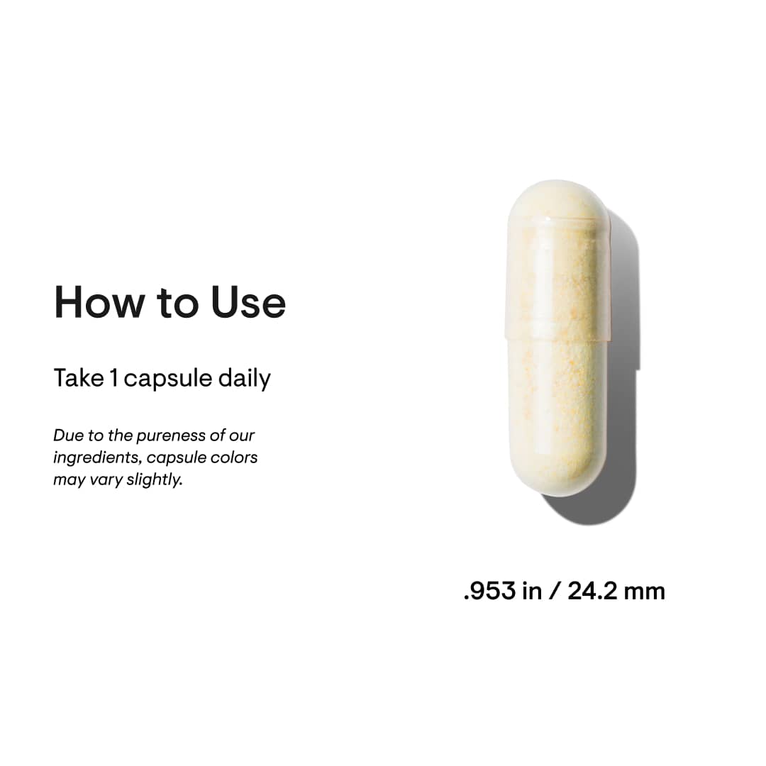 Capsule with usage instructions and dimensions on a white background