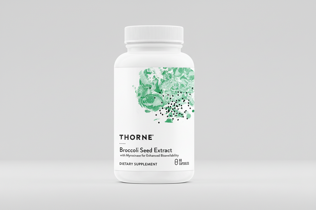Thorne Broccoli Seed Extract supplement bottle on a black background