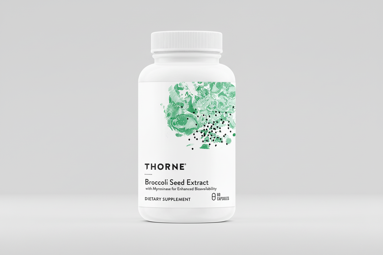 Thorne Broccoli Seed Extract supplement bottle on a black background