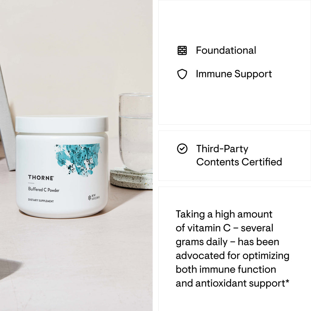 Thorne Research supplement container on a light surface with text about immune support and vitamin C.
