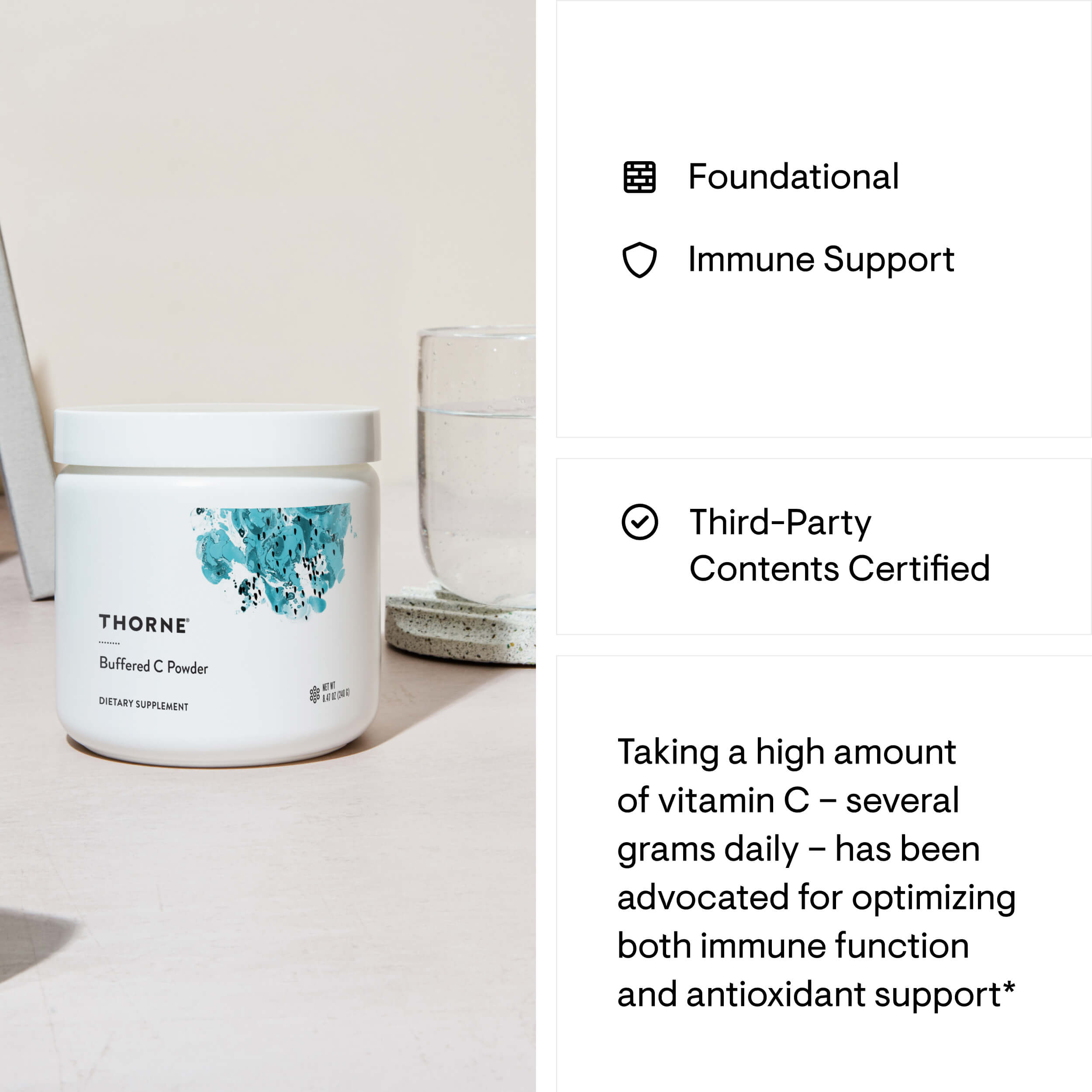 Thorne Research supplement container on a light surface with text about immune support and vitamin C.