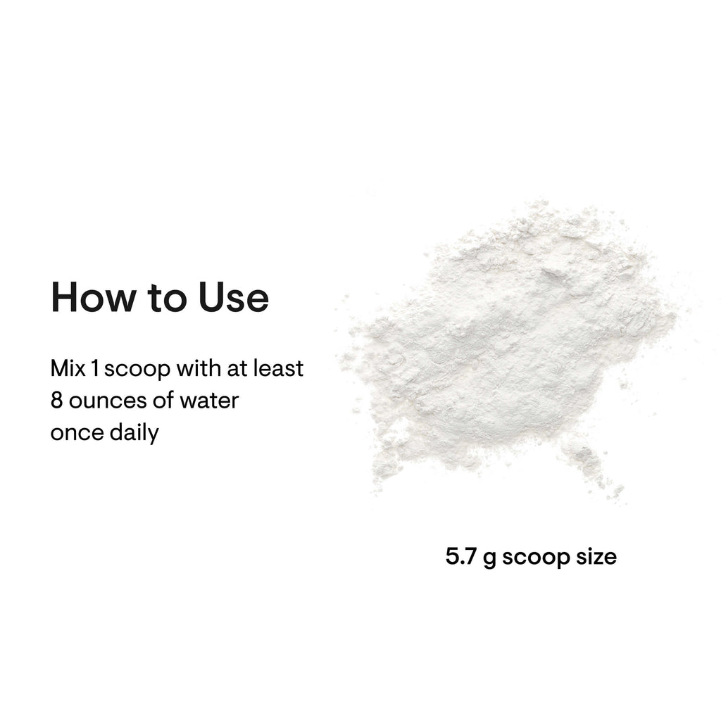 Powder with text on how to use and scoop size on a white background