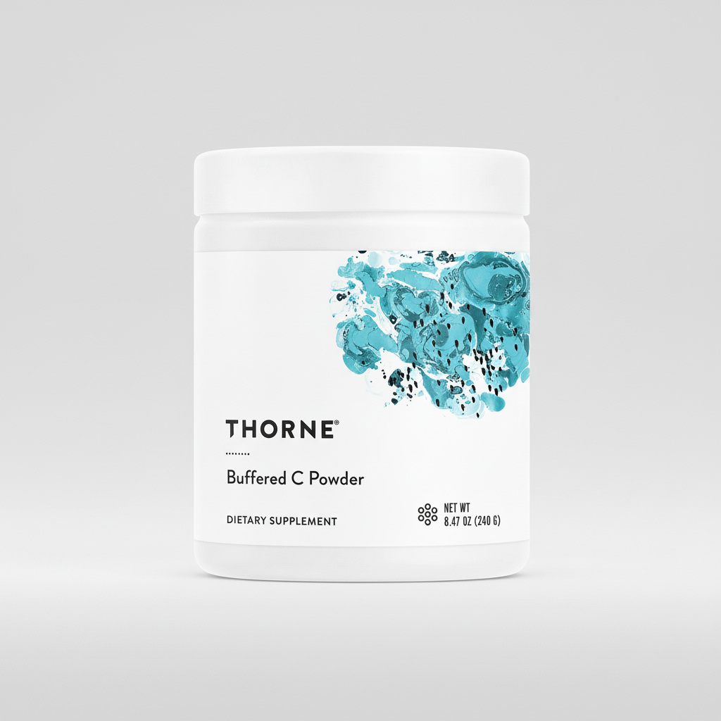 Thorne Buffered C Powder dietary supplement container on a black background