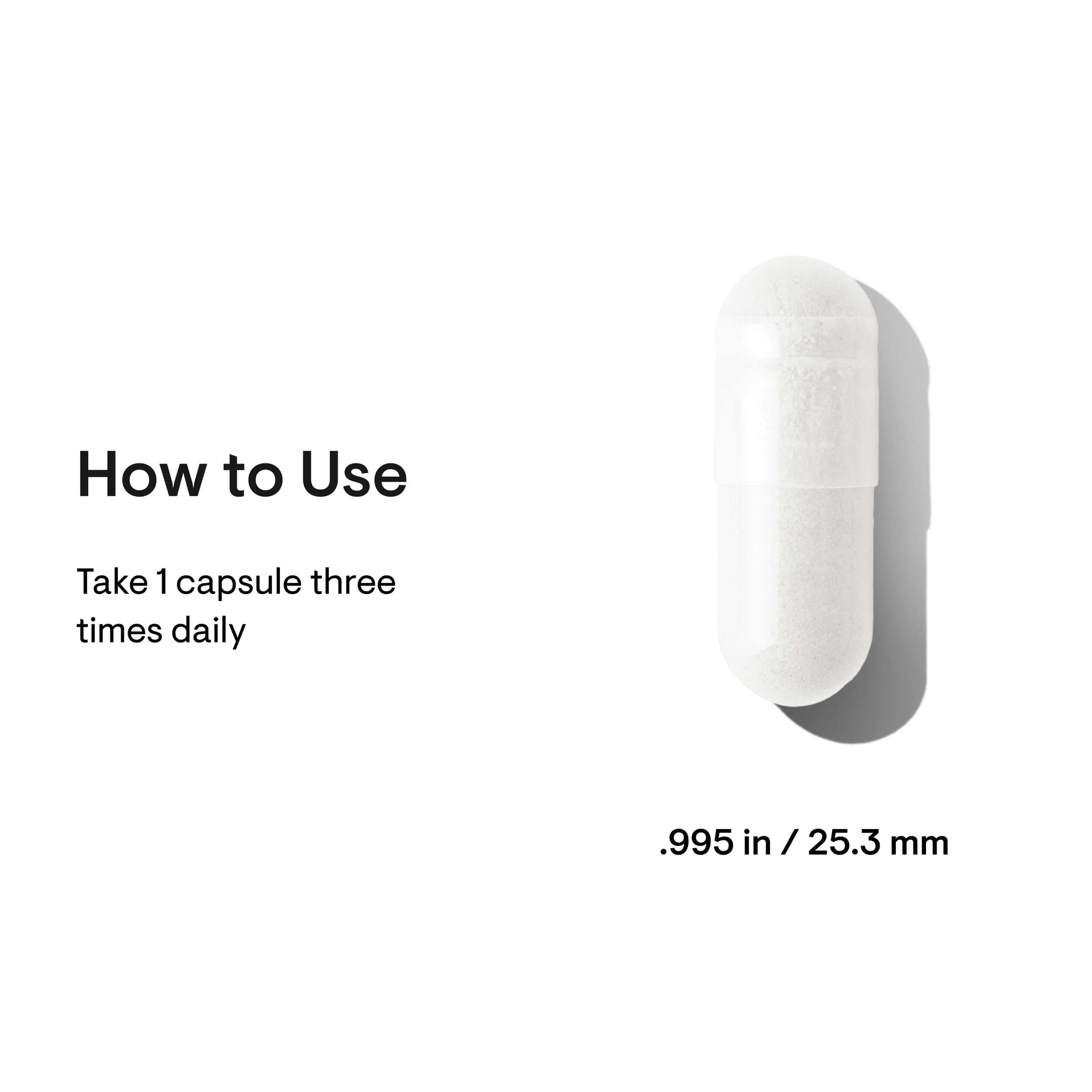 White capsule with text on how to use and dimensions