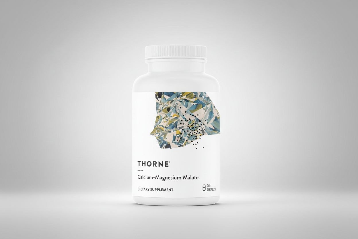 Thorne Calcium-Magnesium Malate dietary supplement bottle on a white background