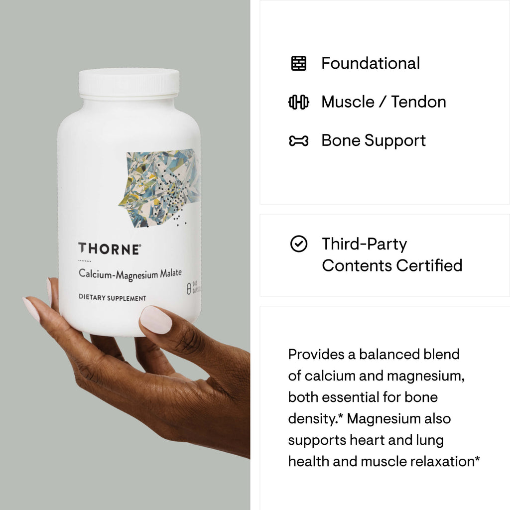 Thorne supplement bottle held by a hand with product details on the right