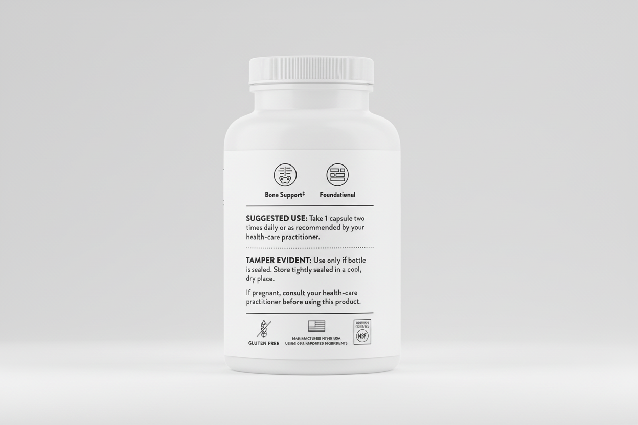 White supplement bottle with label on a black background