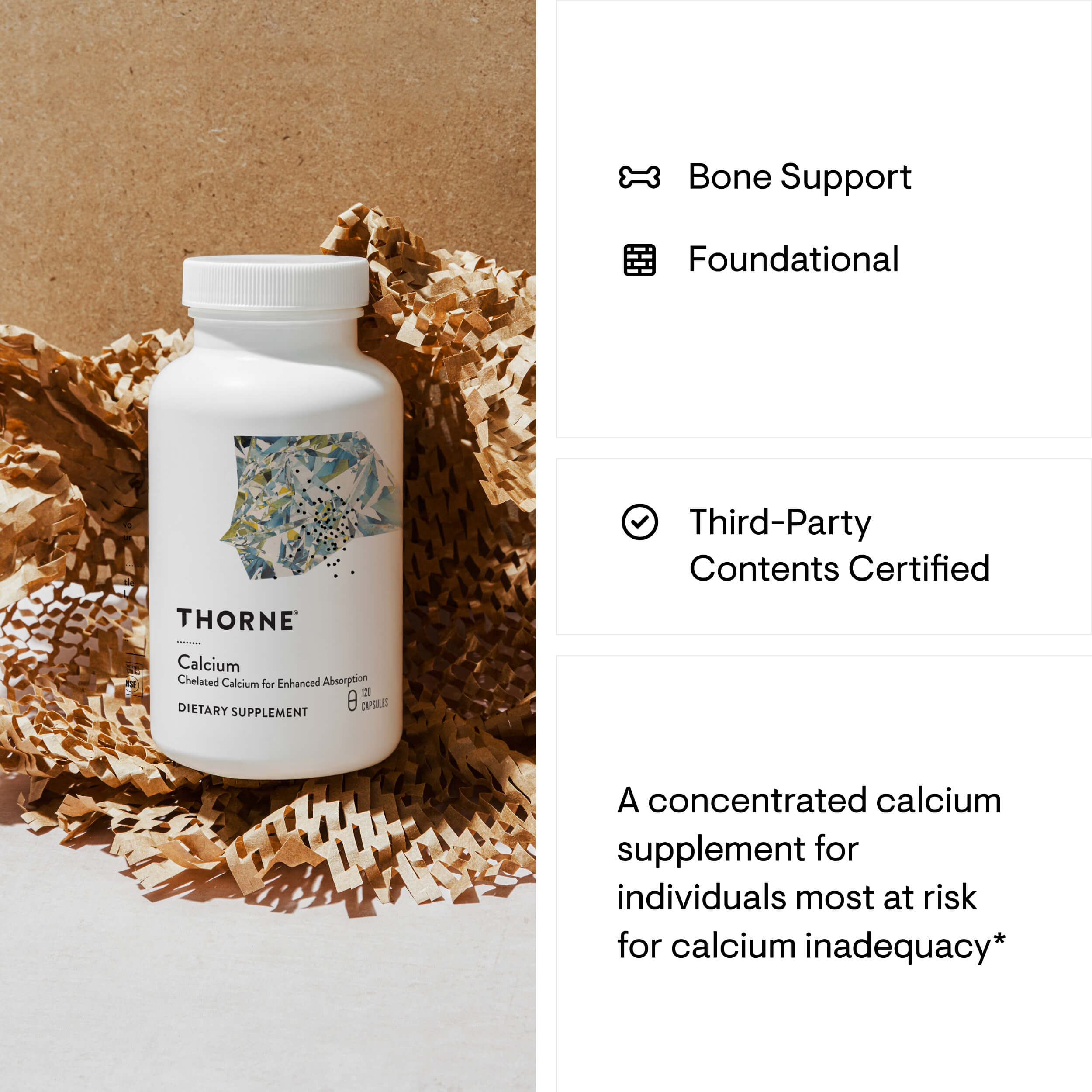 Thorne Calcium supplement bottle on a textured surface with product details on the right.