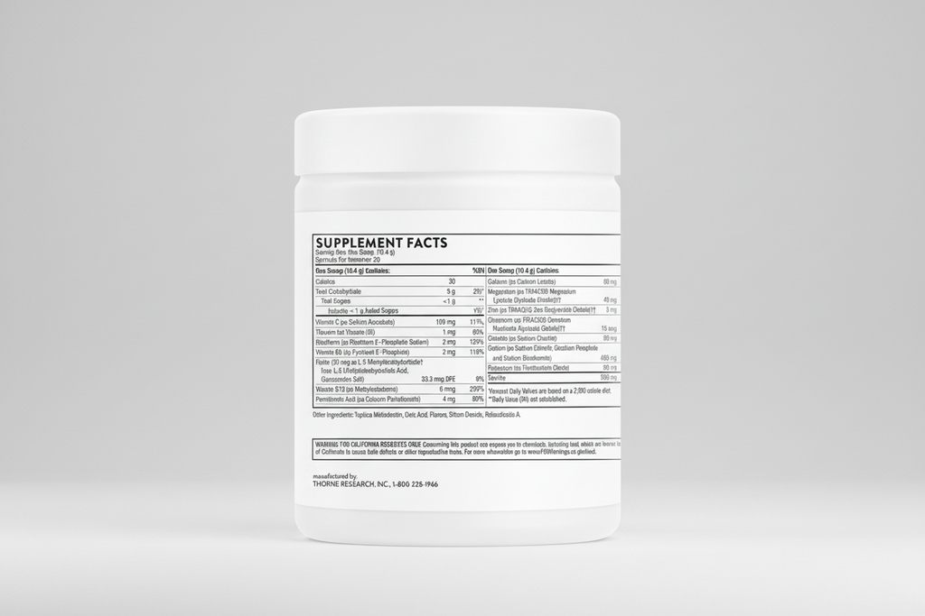 Supplement container with a detailed supplement facts label on a white background