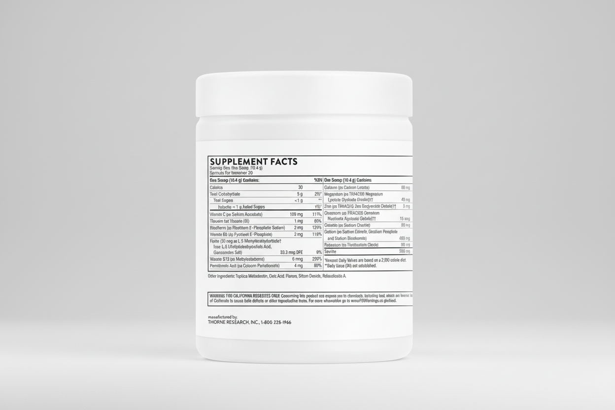 Supplement container with a detailed supplement facts label on a white background