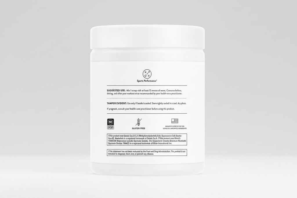 White supplement container with black text on a white background